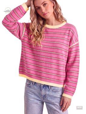 Striped Oversized Knit Pullover Sweater Long Sleeve Crew Neck
